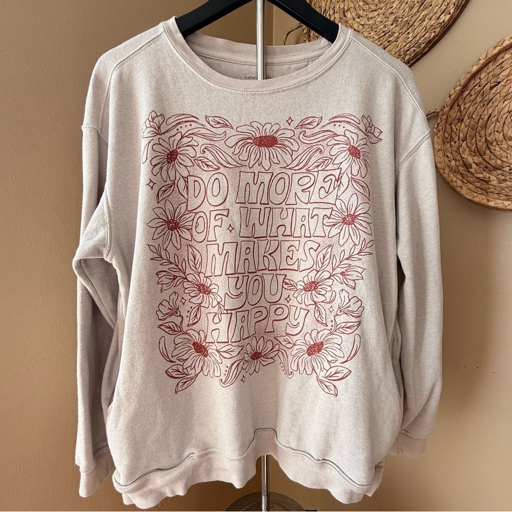 NATURAL LIFE Beige Crewneck with Pockets Oversized Graphic Size Medium